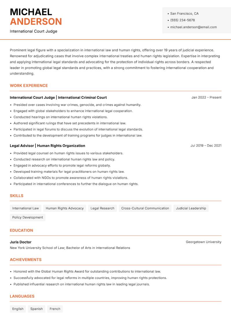 Special Court Judge resume sample — International Court Judge focus