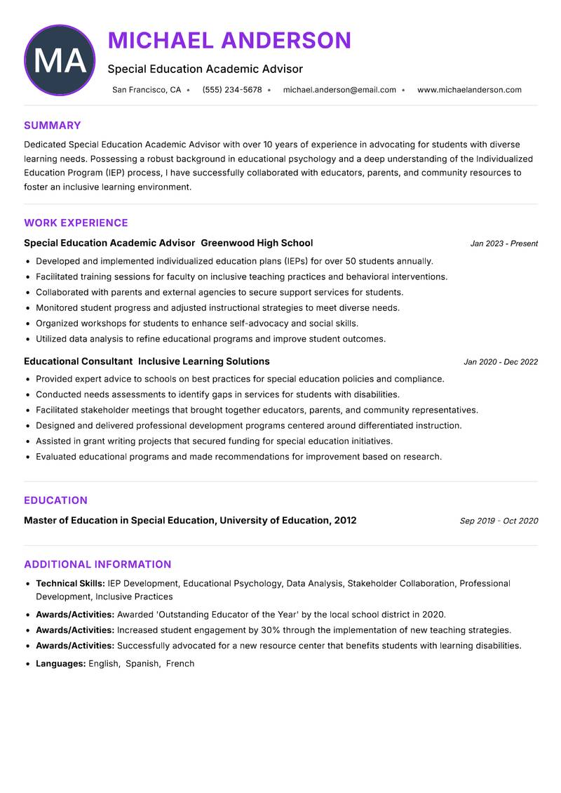 Special Education Academic Advisor resume example