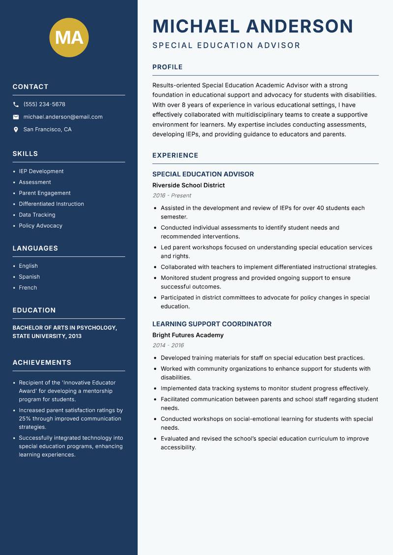 Special Education Academic Advisor resume sample — Special Education Advisor focus