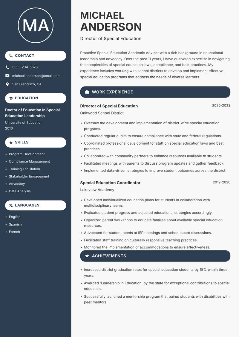 Special Education Academic Advisor resume sample — Director of Special Education focus