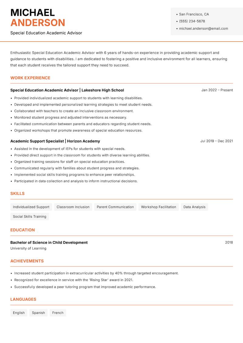 Special Education Academic Advisor resume sample — Special Education Academic Advisor focus