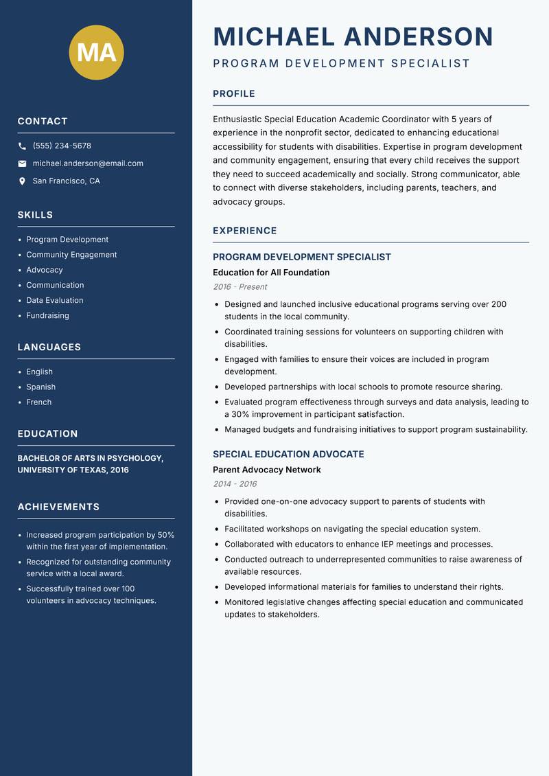 Special Education Academic Coordinator resume sample — Program Development Specialist focus