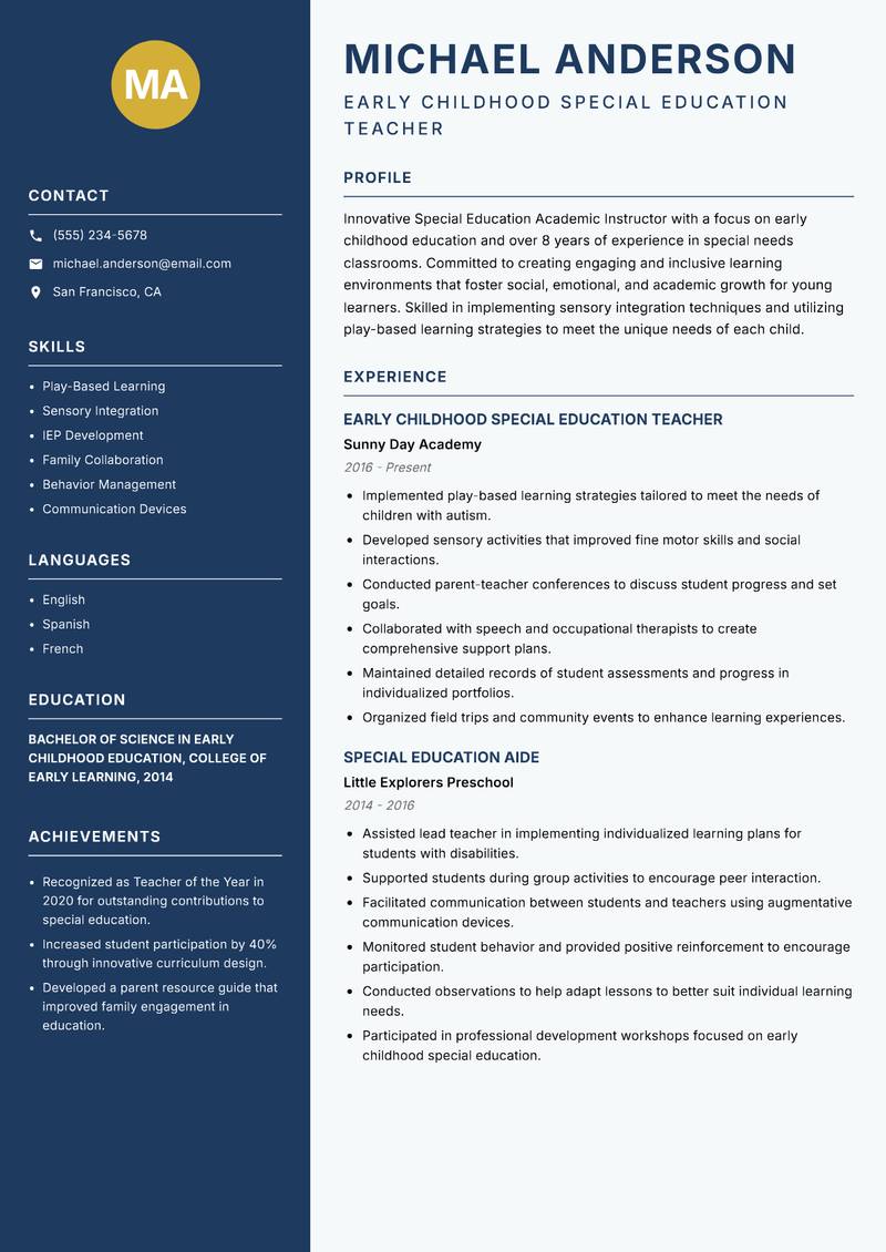 Special Education Academic Instructor resume sample — Early Childhood Special Education Teacher focus