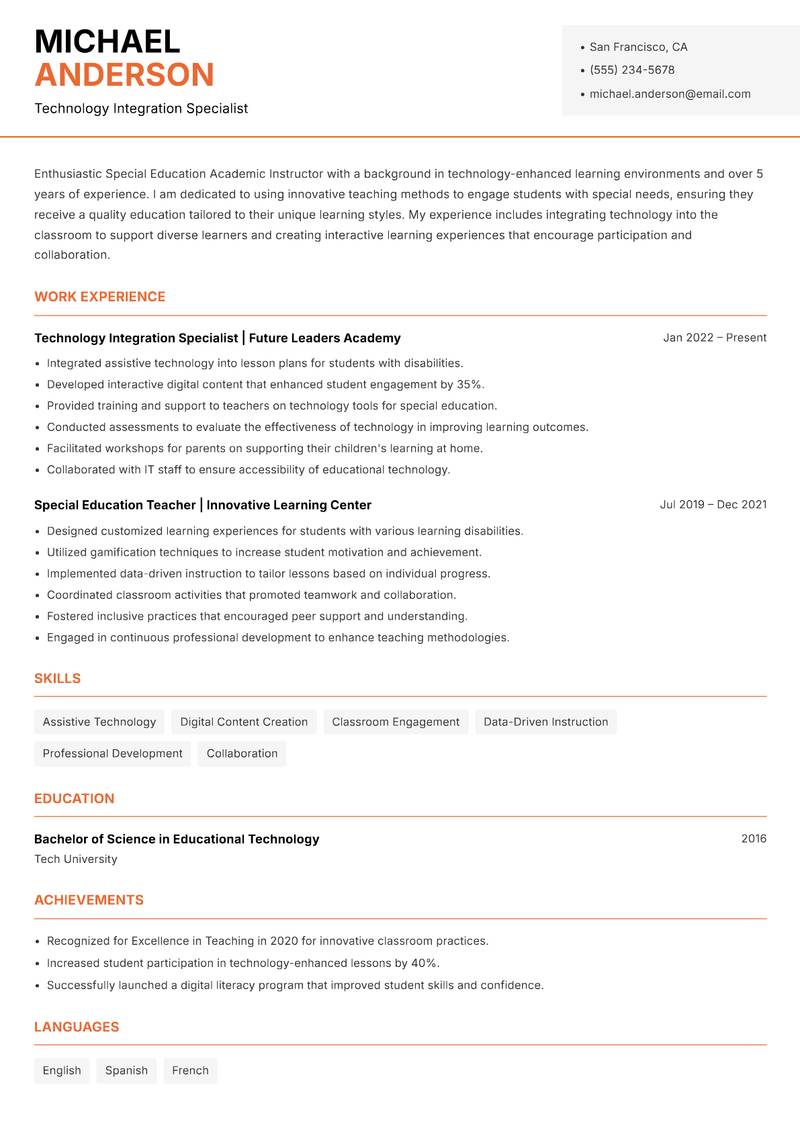 Special Education Academic Instructor resume sample — Technology Integration Specialist focus