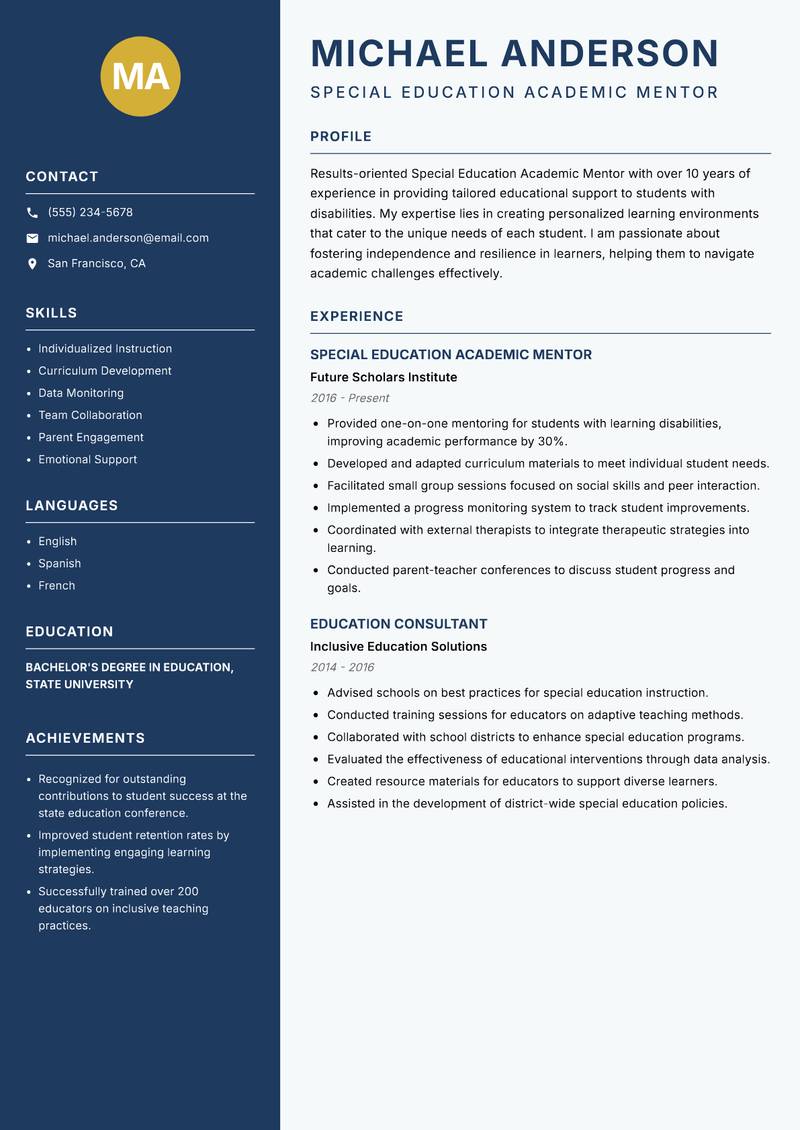 Special Education Academic Mentor resume sample — Special Education Academic Mentor focus