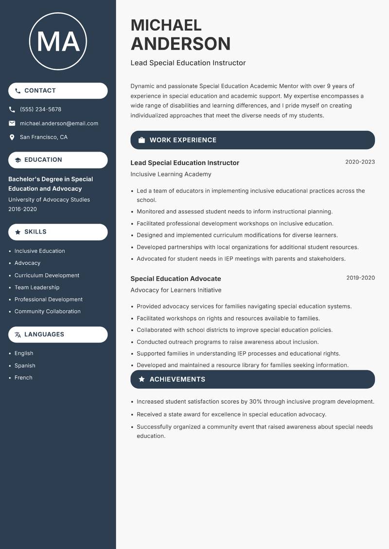 Special Education Academic Mentor resume sample — Lead Special Education Instructor focus