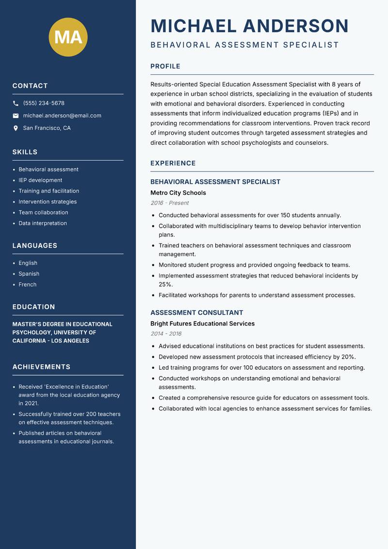 Special Education Assessment Specialist resume sample — Behavioral Assessment Specialist focus