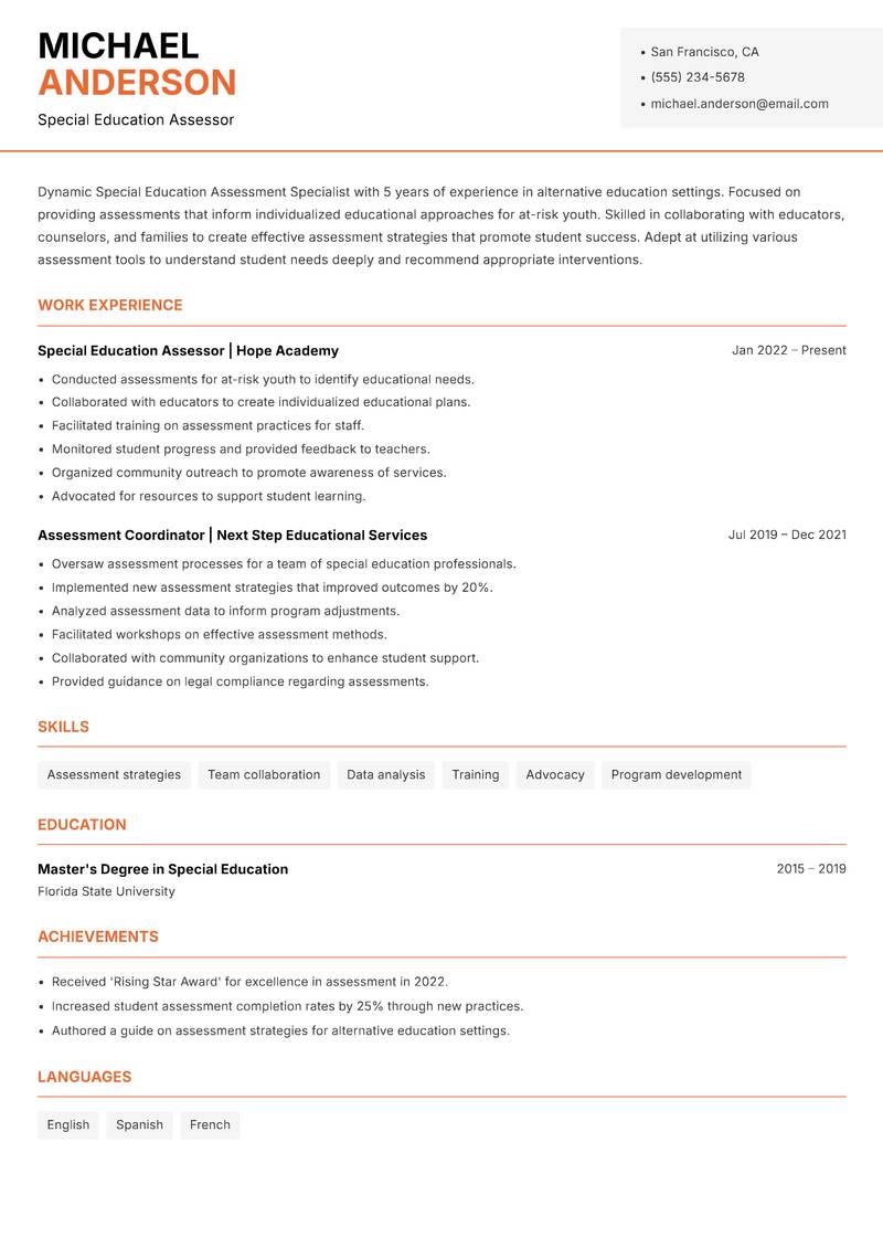 Special Education Assessment Specialist resume sample — Special Education Assessor focus