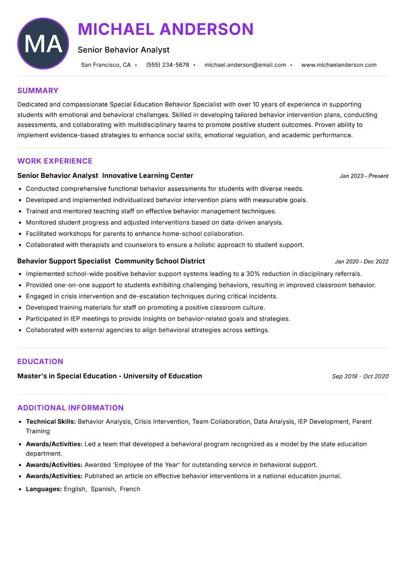 Special Education Behavior Specialist resume example