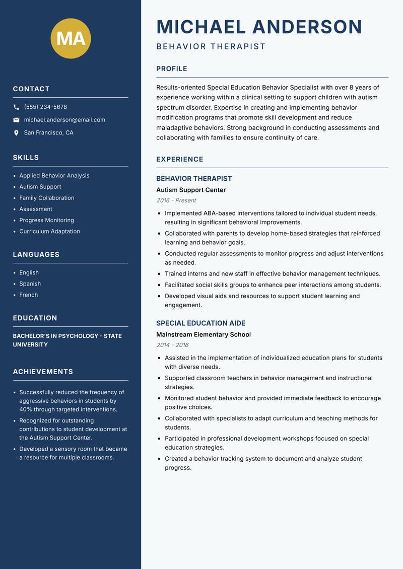 Special Education Behavior Specialist resume sample — Behavior Therapist focus