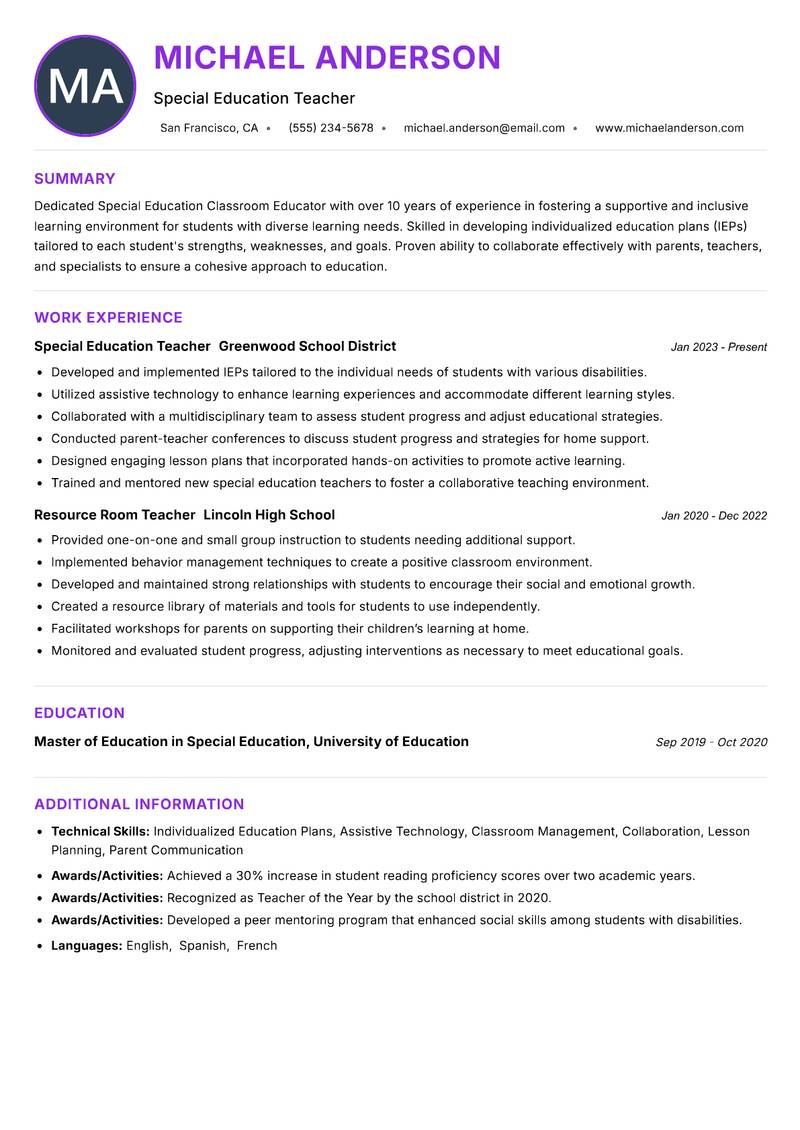Special Education Classroom Educator resume example