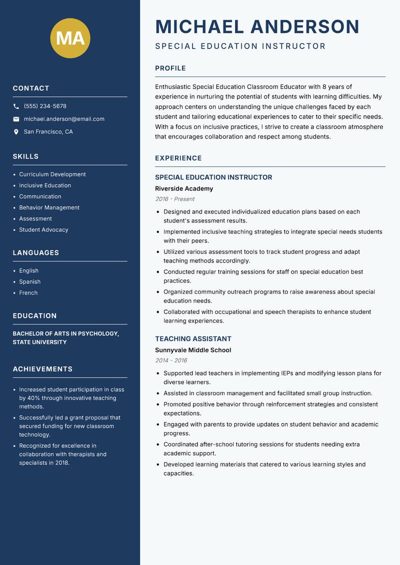 Special Education Classroom Educator resume sample — Special Education Instructor focus