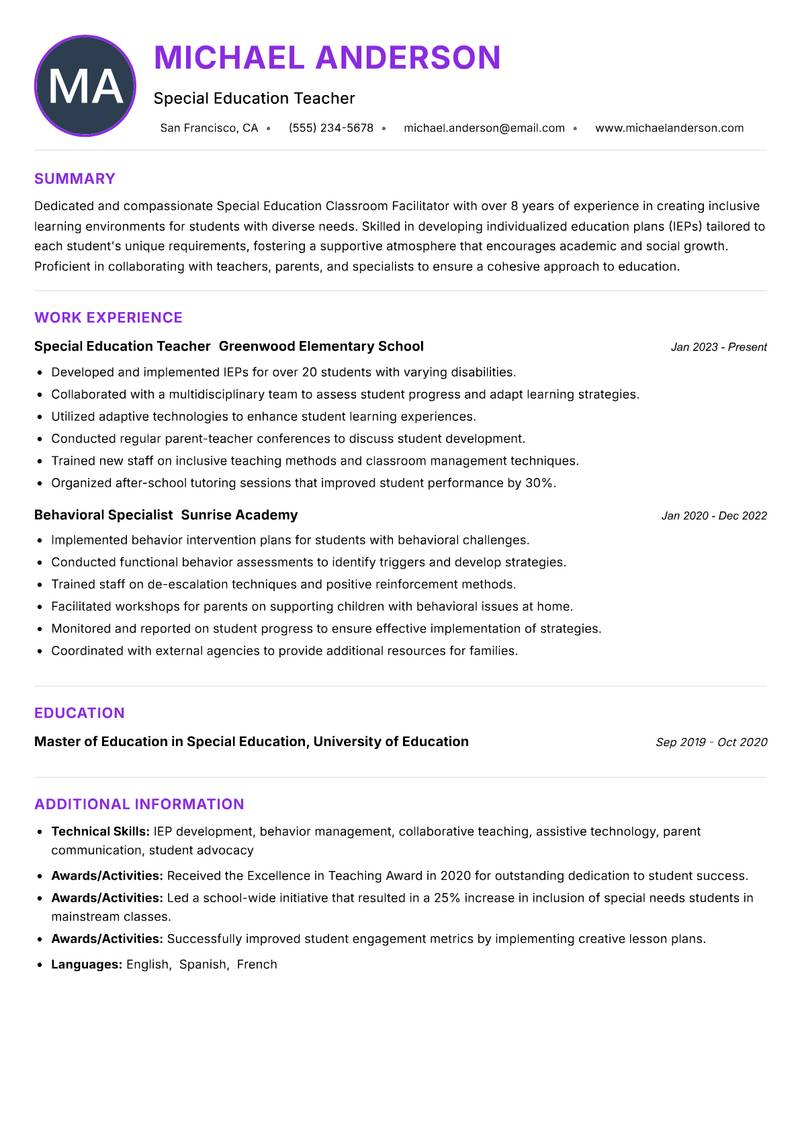 Special Education Classroom Facilitator resume example