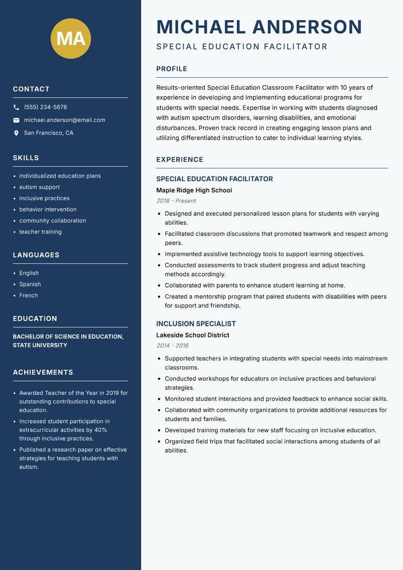 Special Education Classroom Facilitator resume sample — Special Education Facilitator focus