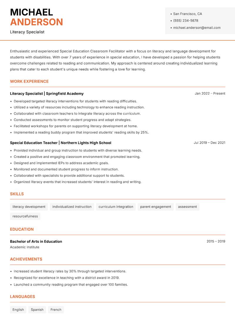 Special Education Classroom Facilitator resume sample — Literacy Specialist focus