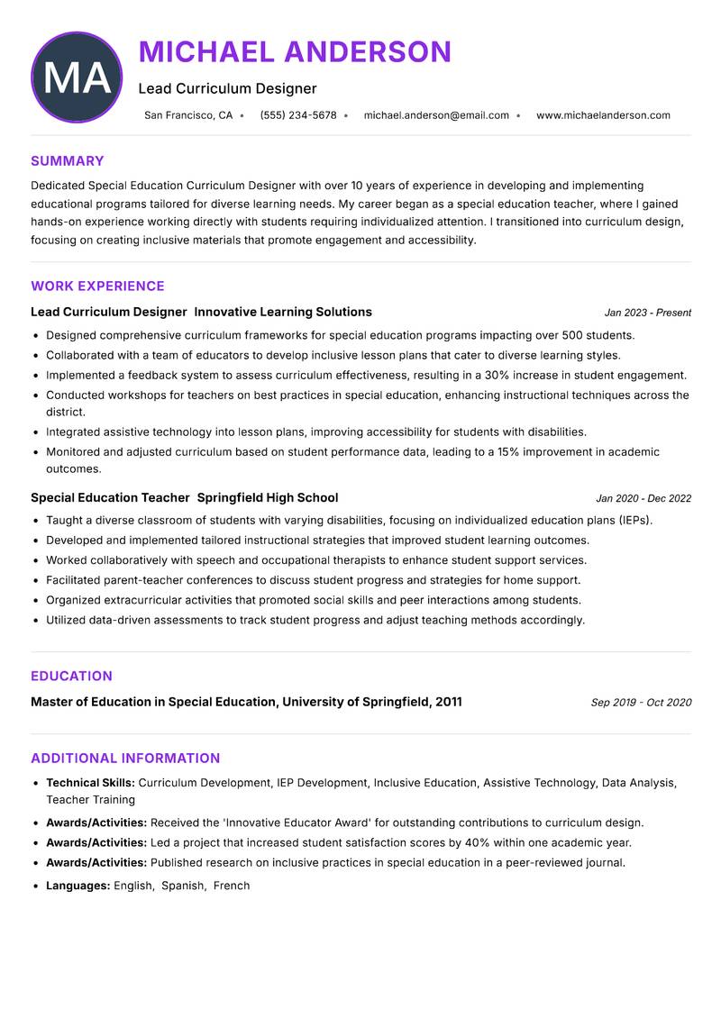 Special Education Curriculum Designer resume example