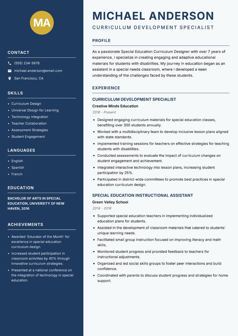 Special Education Curriculum Designer resume sample — Curriculum Development Specialist focus