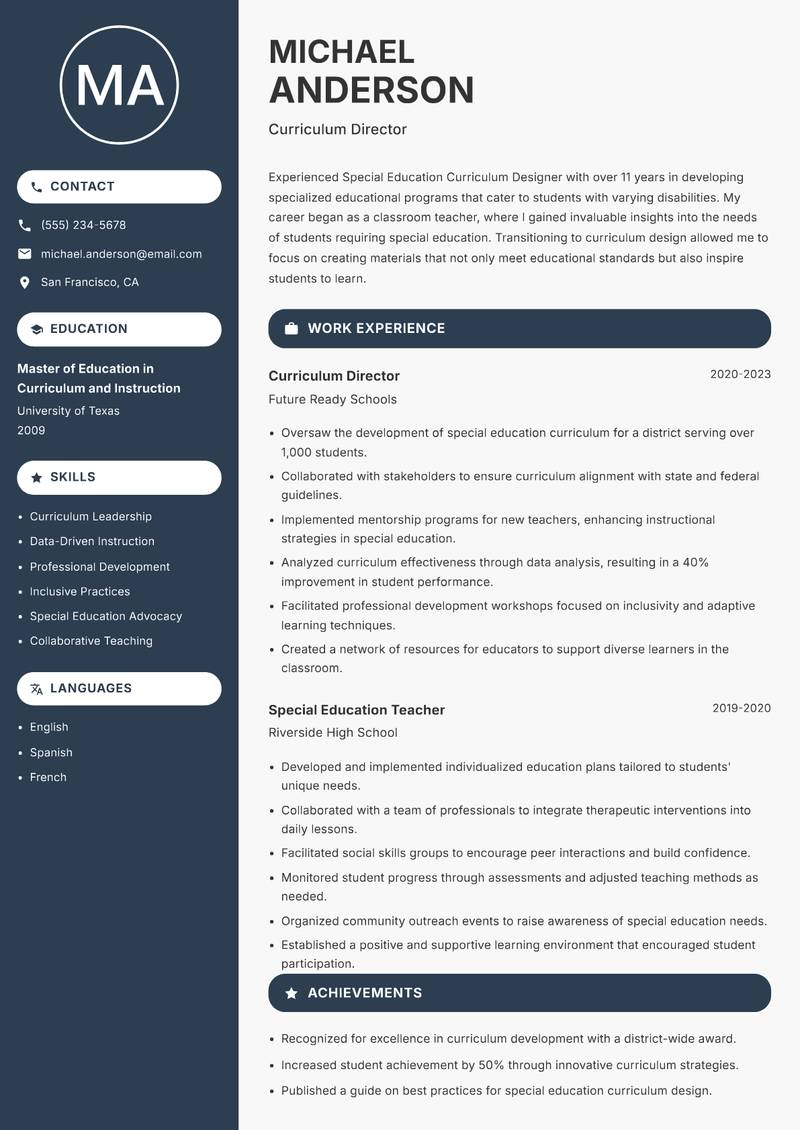 Special Education Curriculum Designer resume sample — Curriculum Director focus
