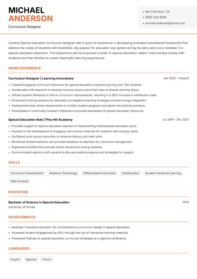 Special Education Curriculum Designer resume sample — Curriculum Designer focus