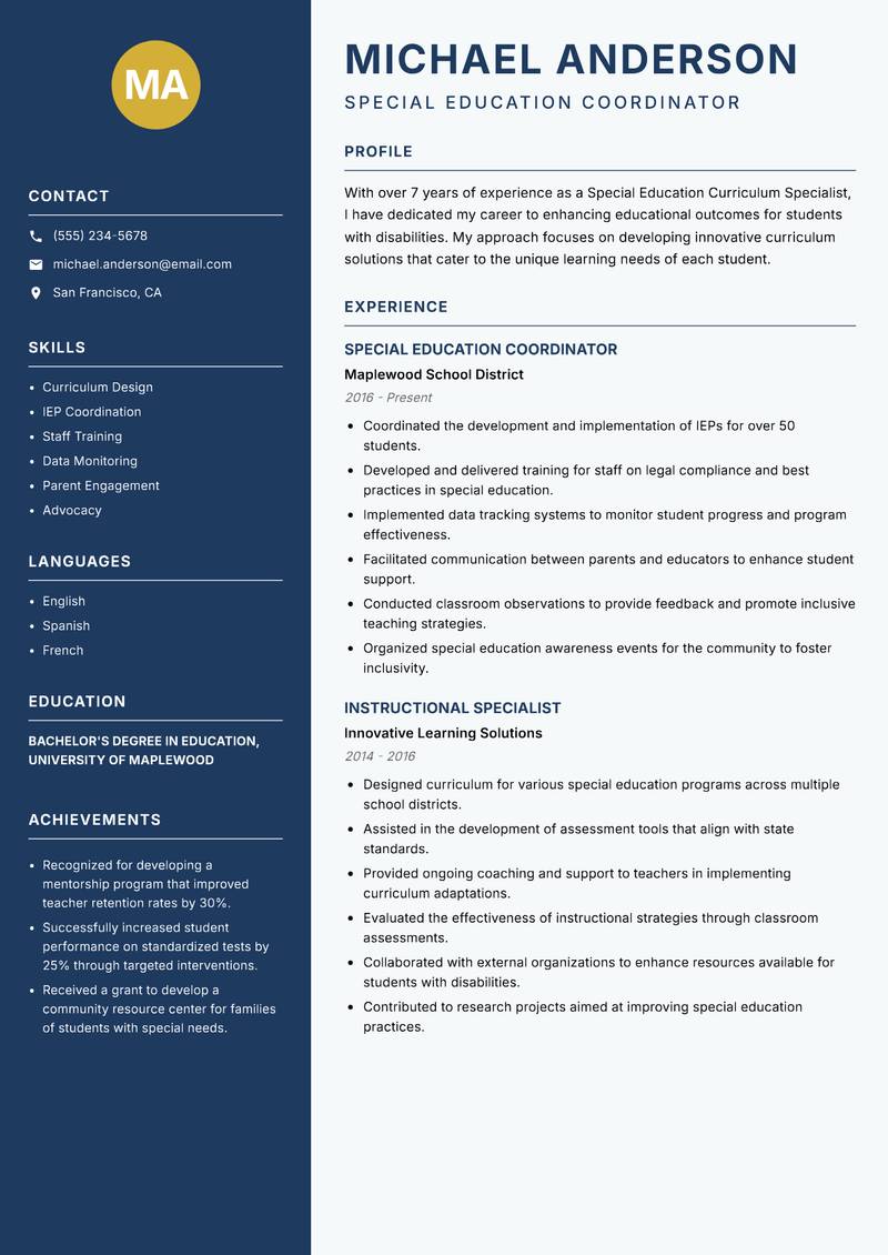 Special Education Curriculum Specialist resume sample — Special Education Coordinator focus