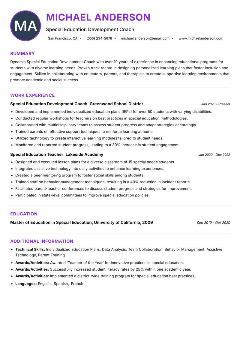 Special Education Development Coach resume example