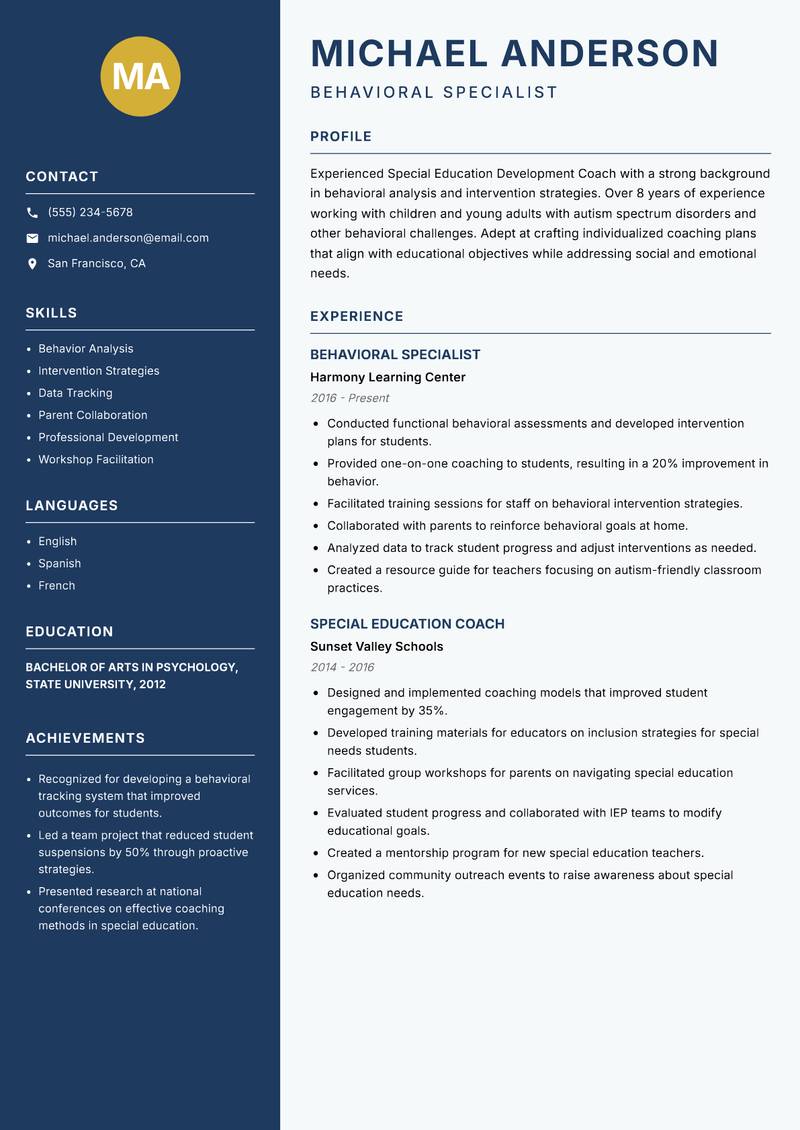 Special Education Development Coach resume sample — Behavioral Specialist focus
