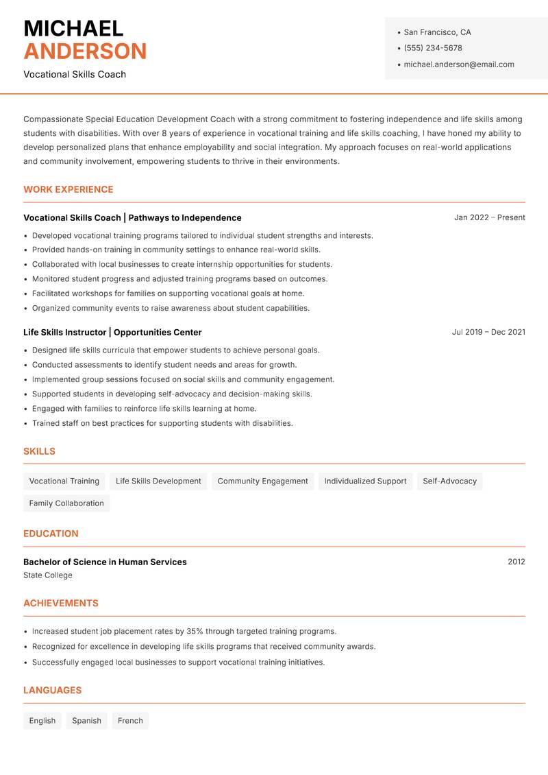 Special Education Development Coach resume sample — Vocational Skills Coach focus
