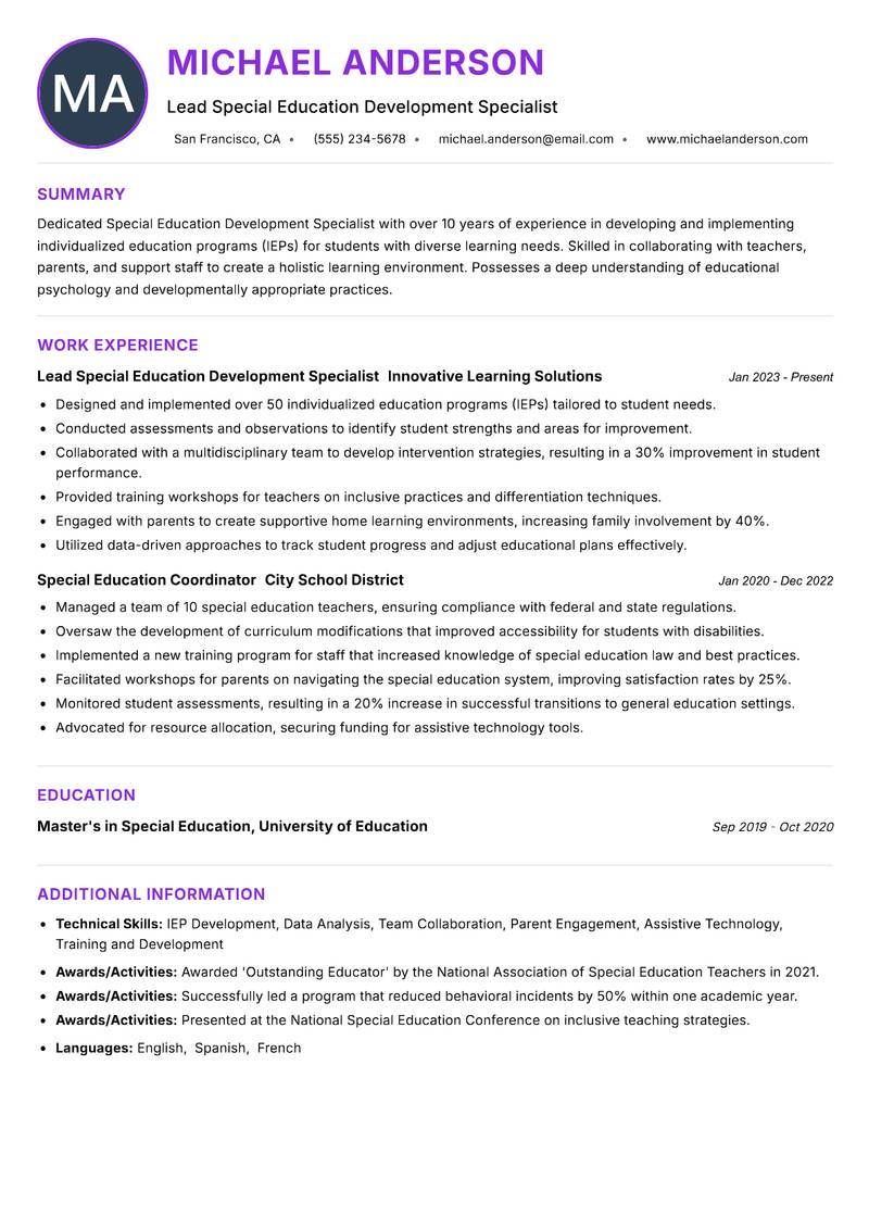 Special Education Development Specialist resume example