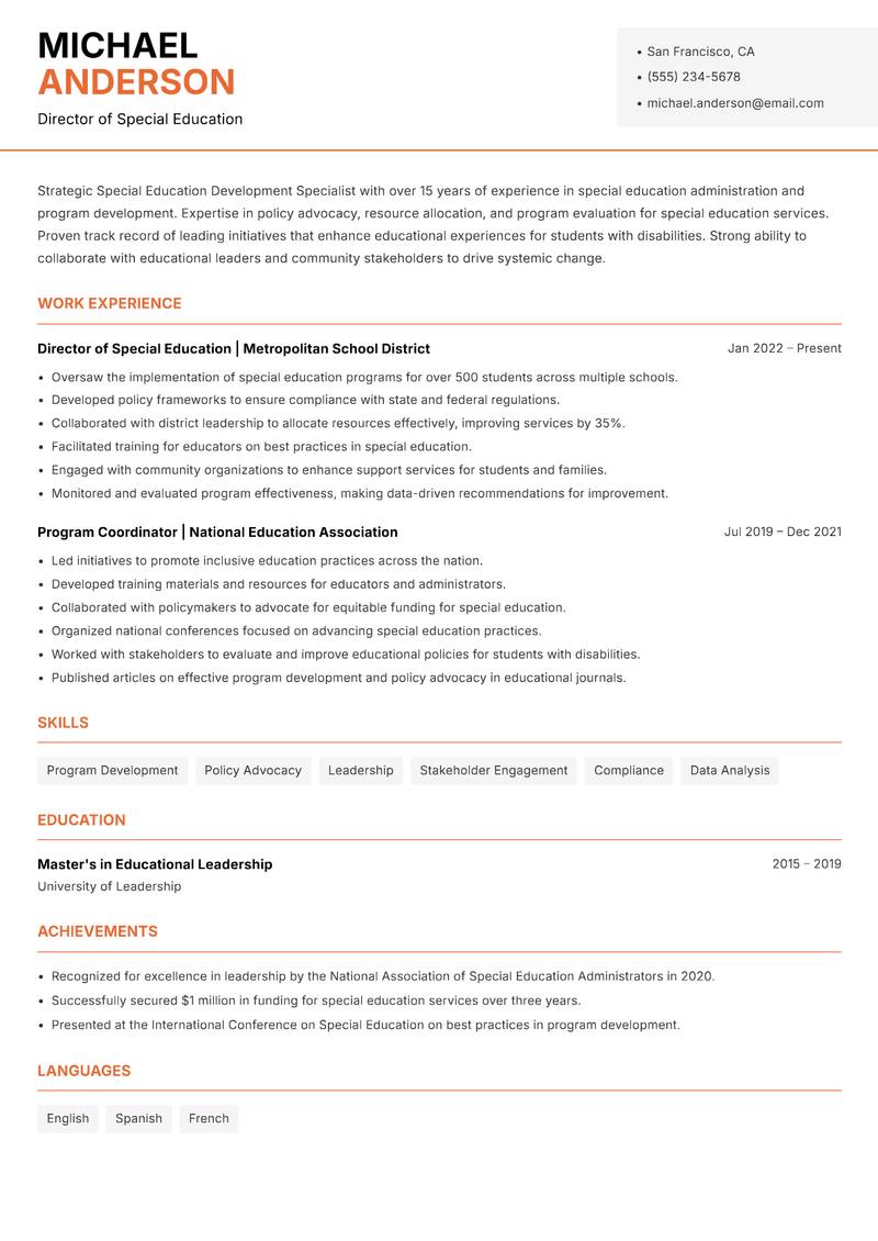 Special Education Development Specialist resume sample — Director of Special Education focus