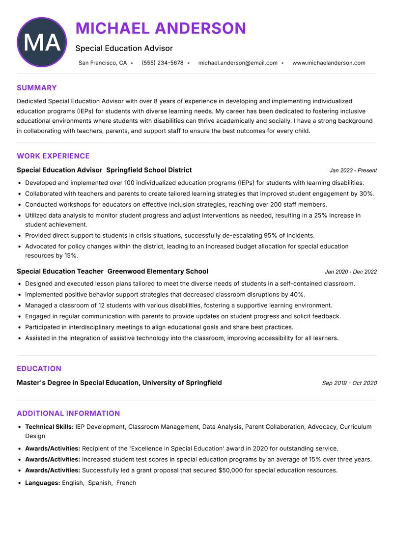 Special Education Education Advisor resume example