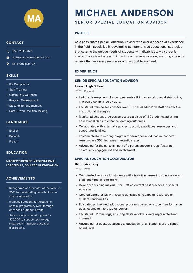 Special Education Education Advisor resume sample — Senior Special Education Advisor focus