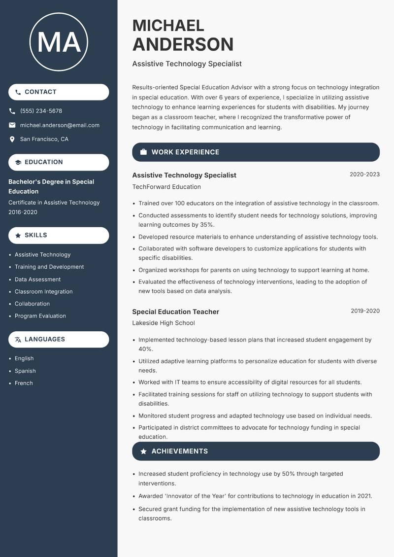 Special Education Education Advisor resume sample — Assistive Technology Specialist focus