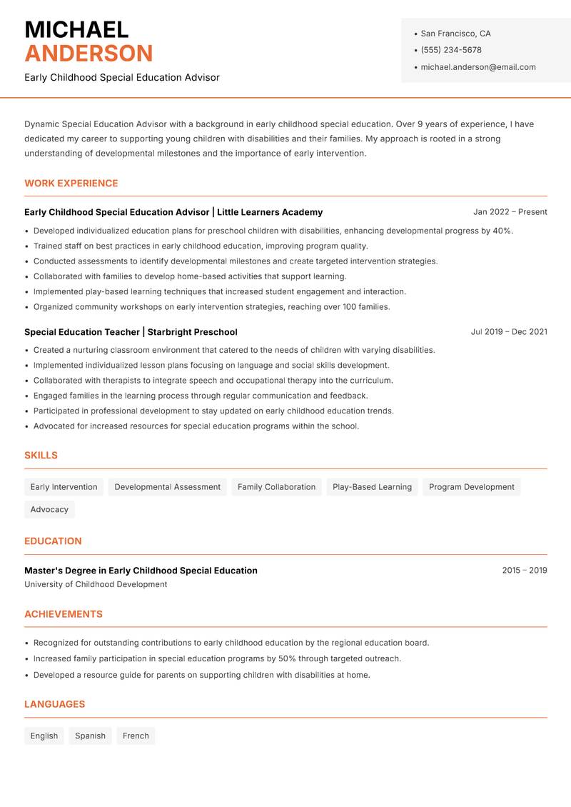 Special Education Education Advisor resume sample — Early Childhood Special Education Advisor focus