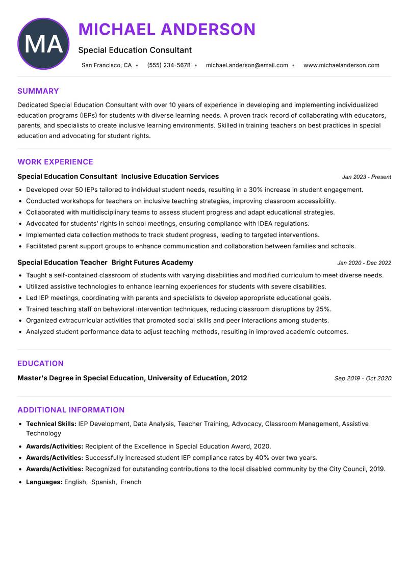 Special Education Education Consultant resume example