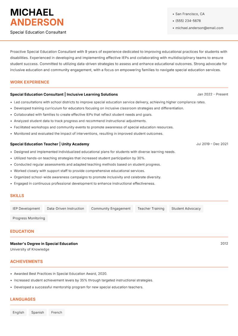 Special Education Education Consultant resume sample — Special Education Consultant focus