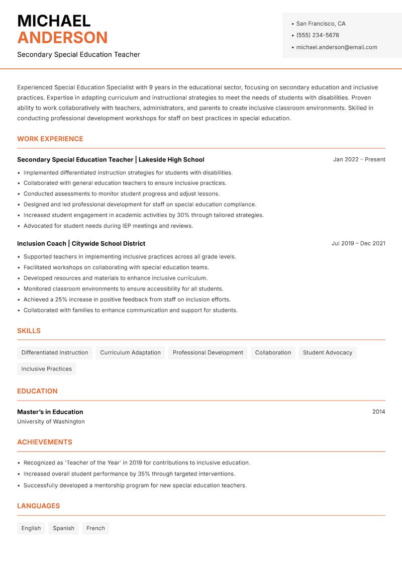 Special Education Education Specialist resume sample — Secondary Special Education Teacher focus