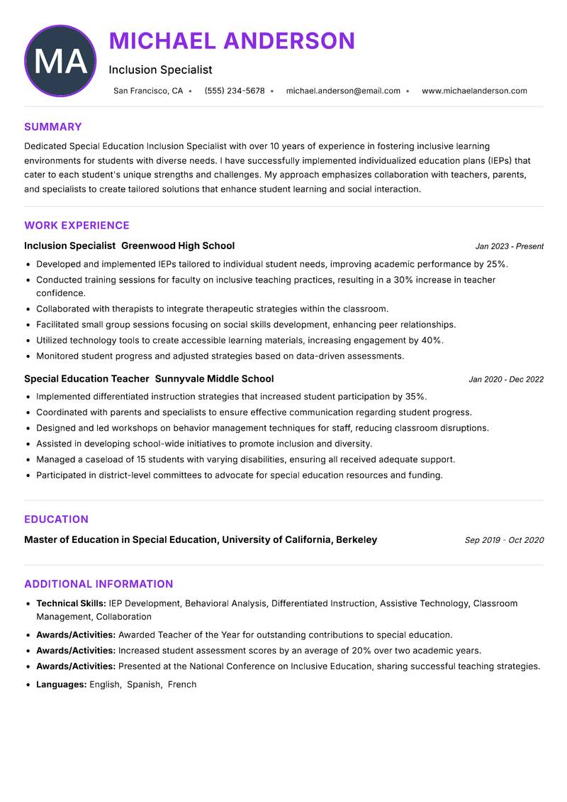 Special Education Inclusion Specialist resume example