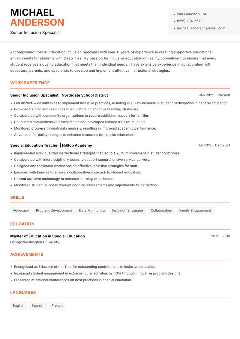 Special Education Inclusion Specialist resume sample — Senior Inclusion Specialist focus