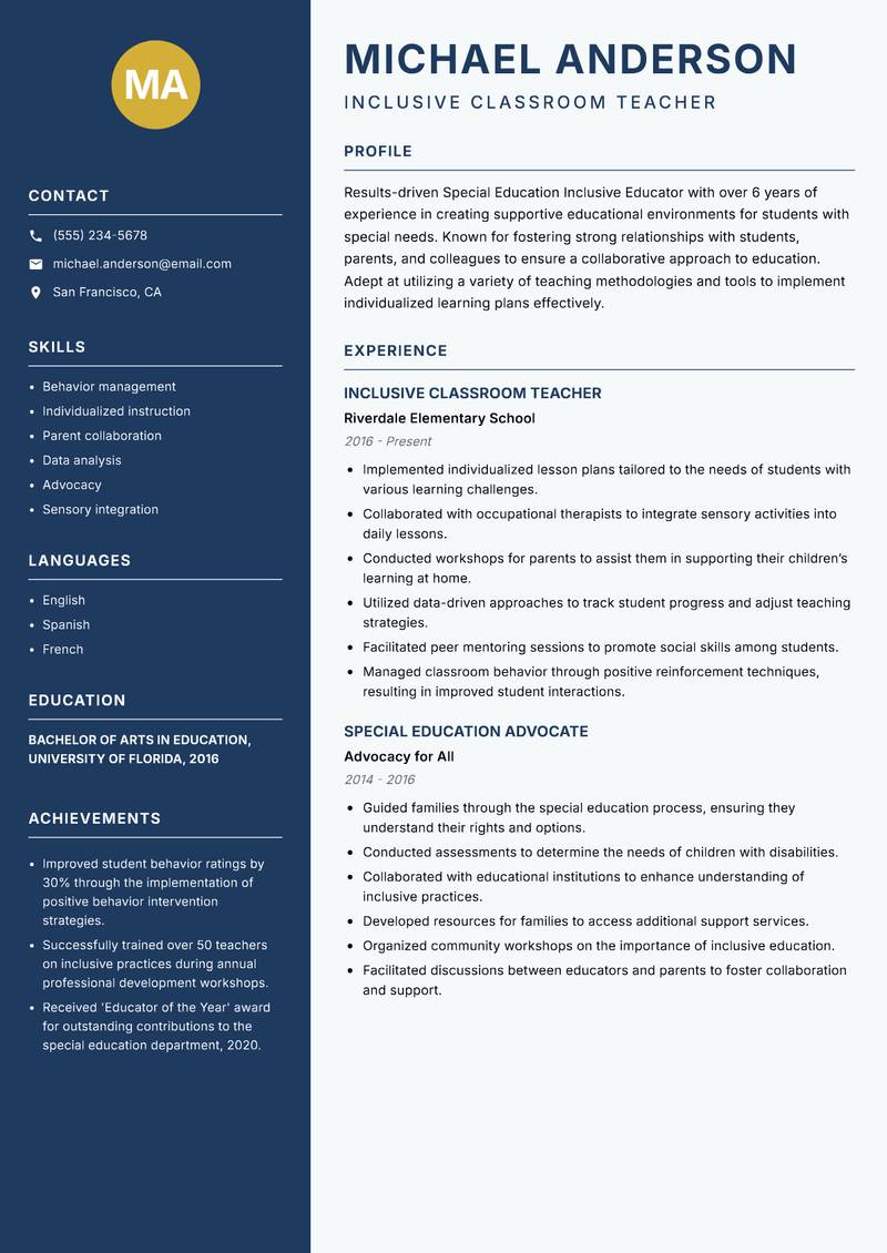 Special Education Inclusive Educator resume sample — Inclusive Classroom Teacher focus