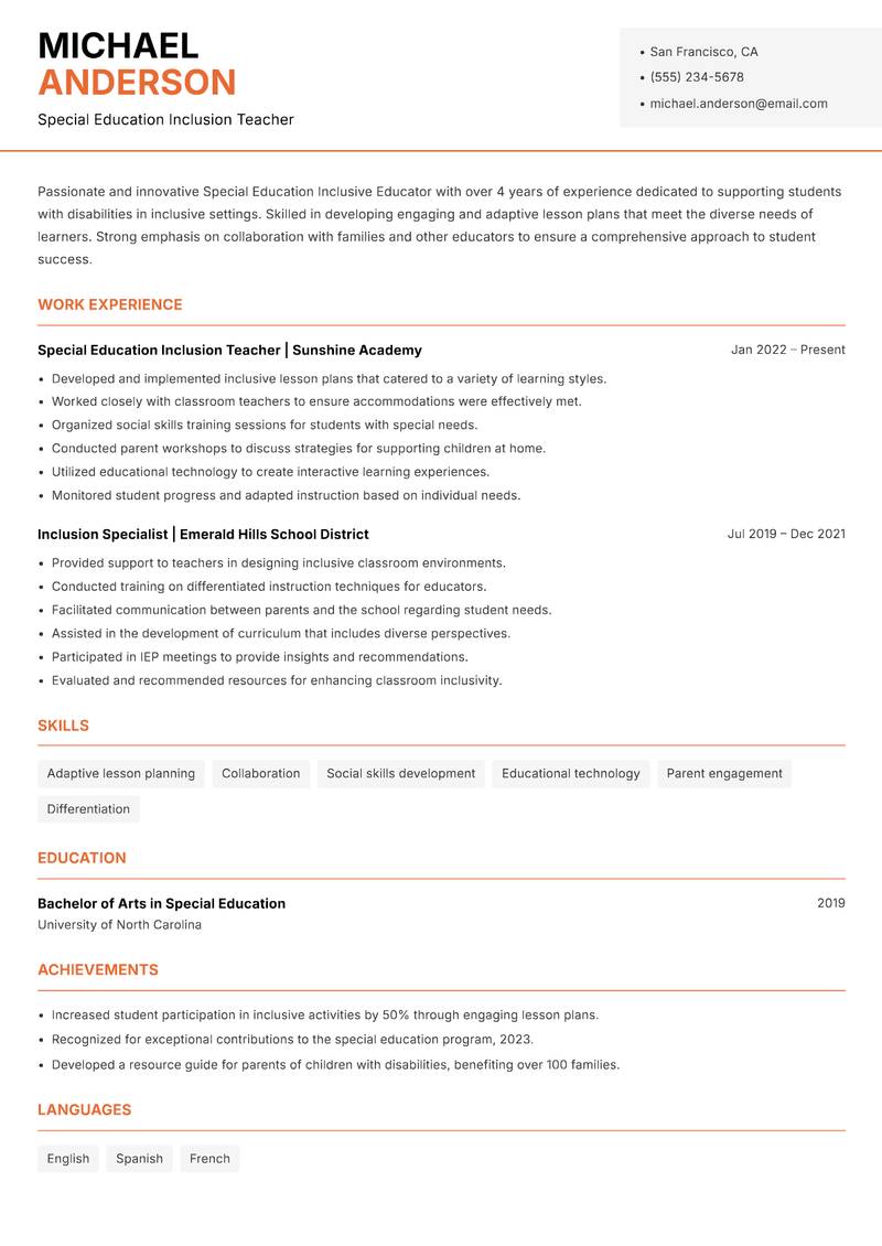 Special Education Inclusive Educator resume sample — Special Education Inclusion Teacher focus
