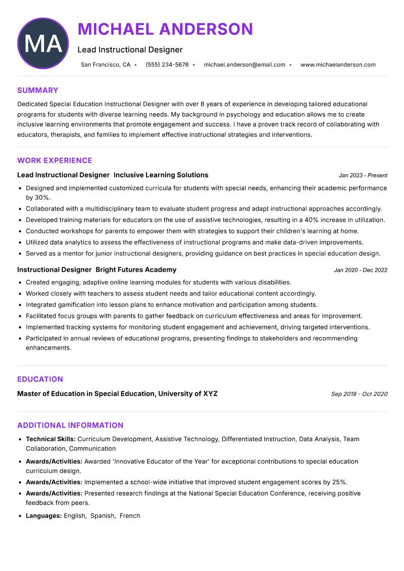 Special Education Instructional Designer resume example