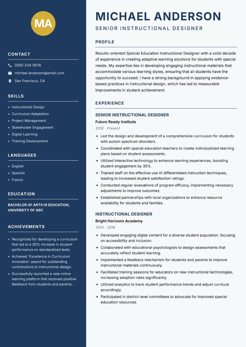 Special Education Instructional Designer resume sample — Senior Instructional Designer focus