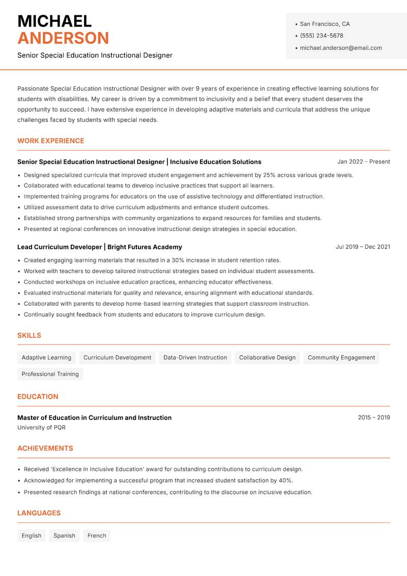 Special Education Instructional Designer resume sample — Senior Special Education Instructional Designer focus