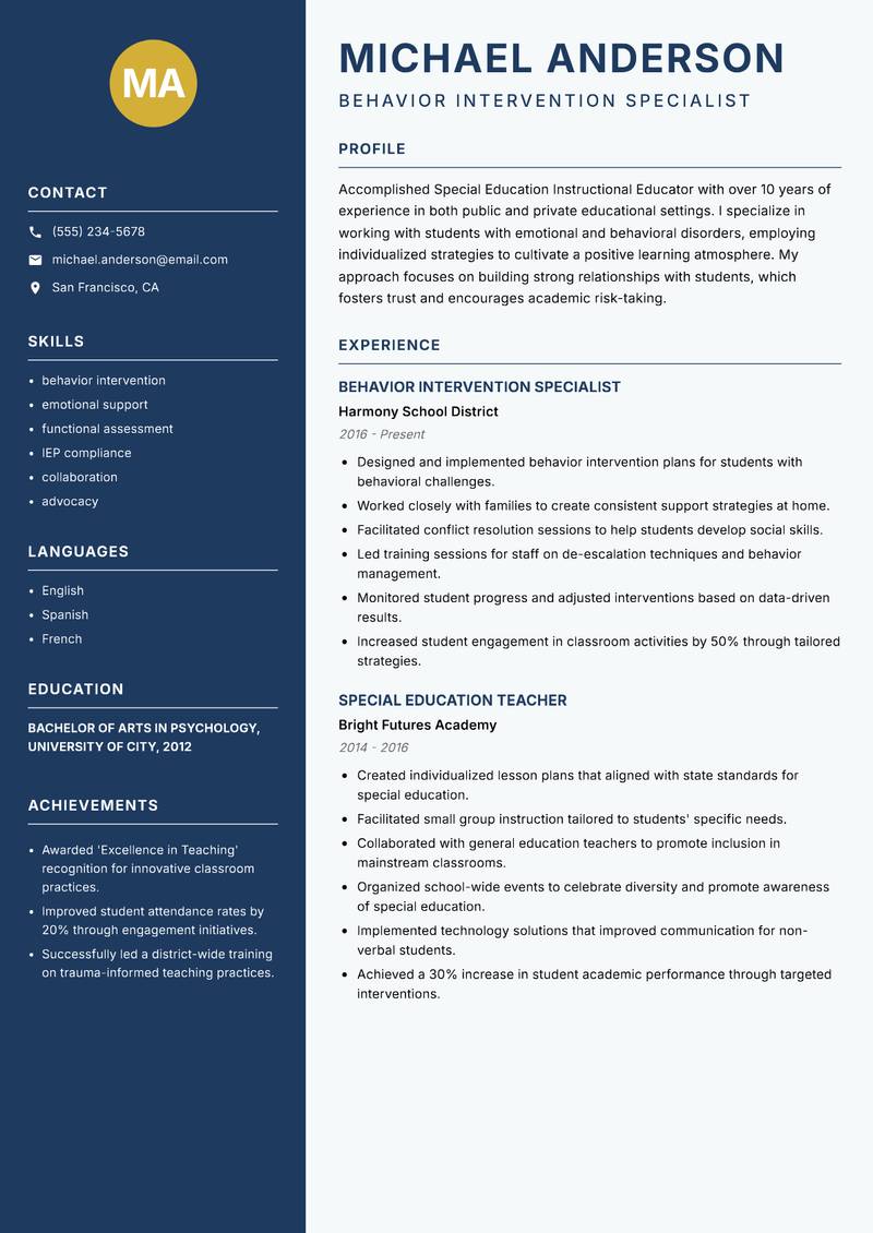 Special Education Instructional Educator resume sample — Behavior Intervention Specialist focus