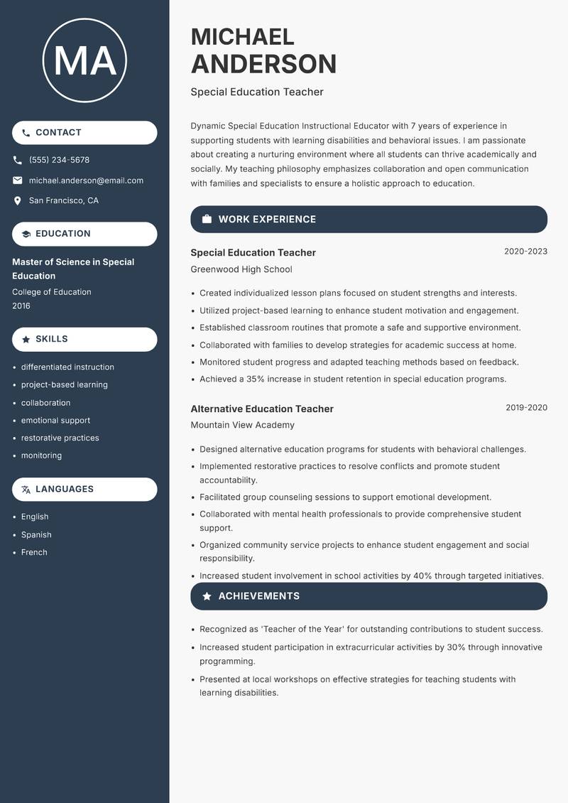 Special Education Instructional Educator resume sample — Special Education Teacher focus