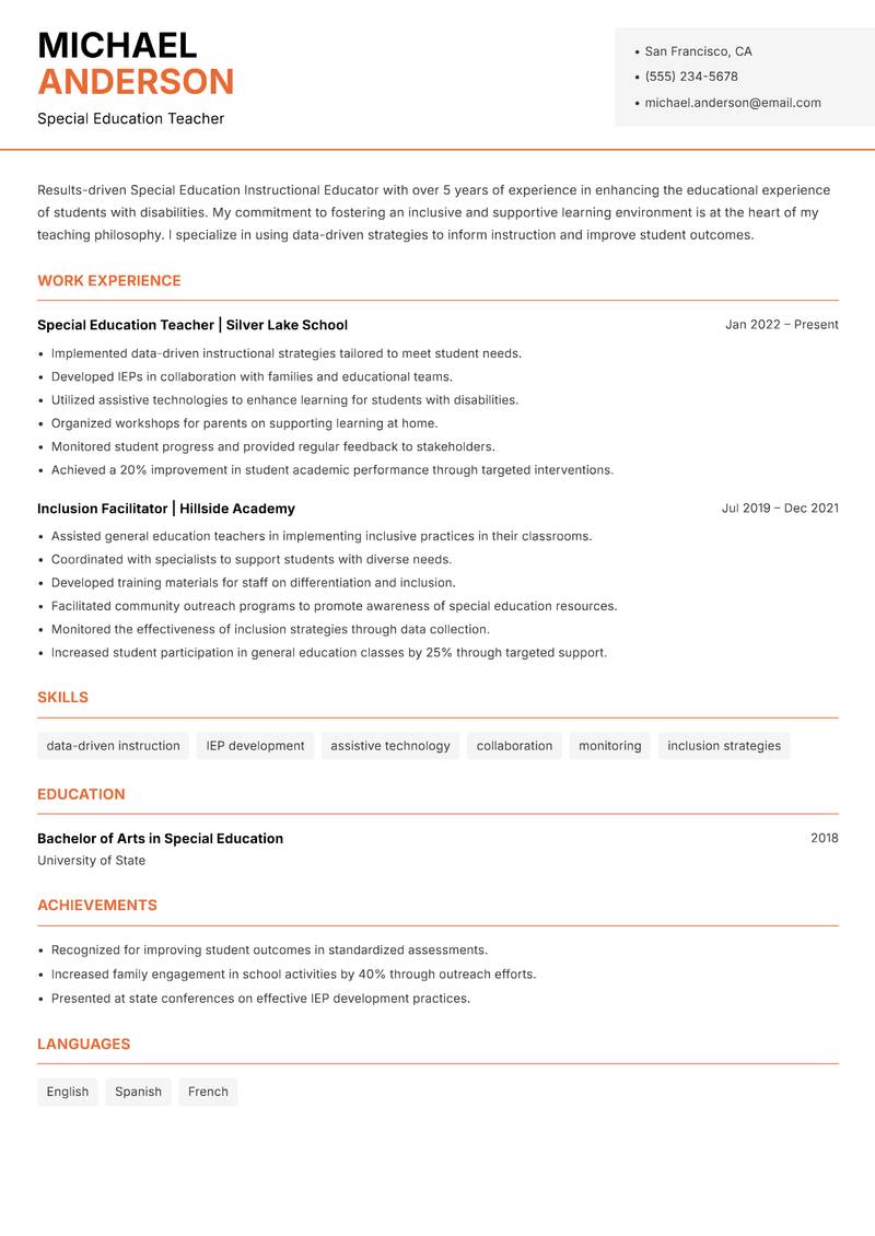 Special Education Instructional Educator resume sample — Special Education Teacher focus