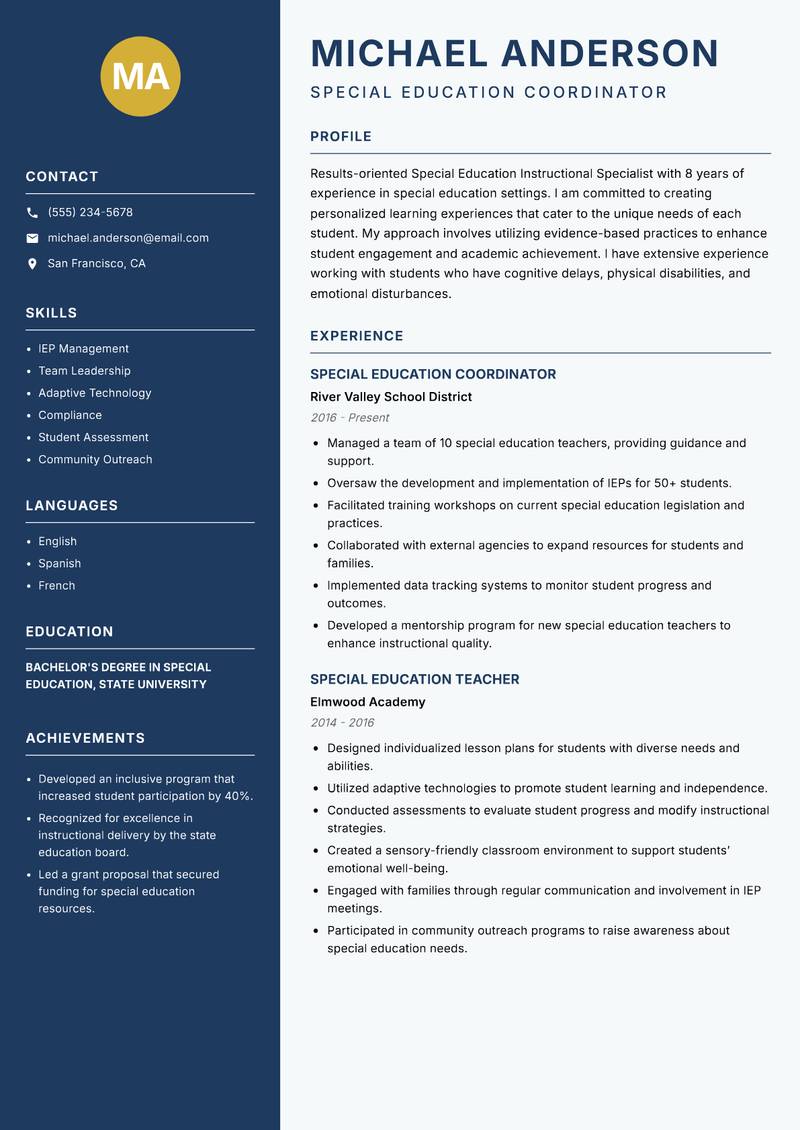 Special Education Instructional Specialist resume sample — Special Education Coordinator focus