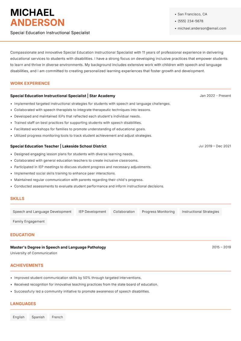 Special Education Instructional Specialist resume sample — Special Education Instructional Specialist focus