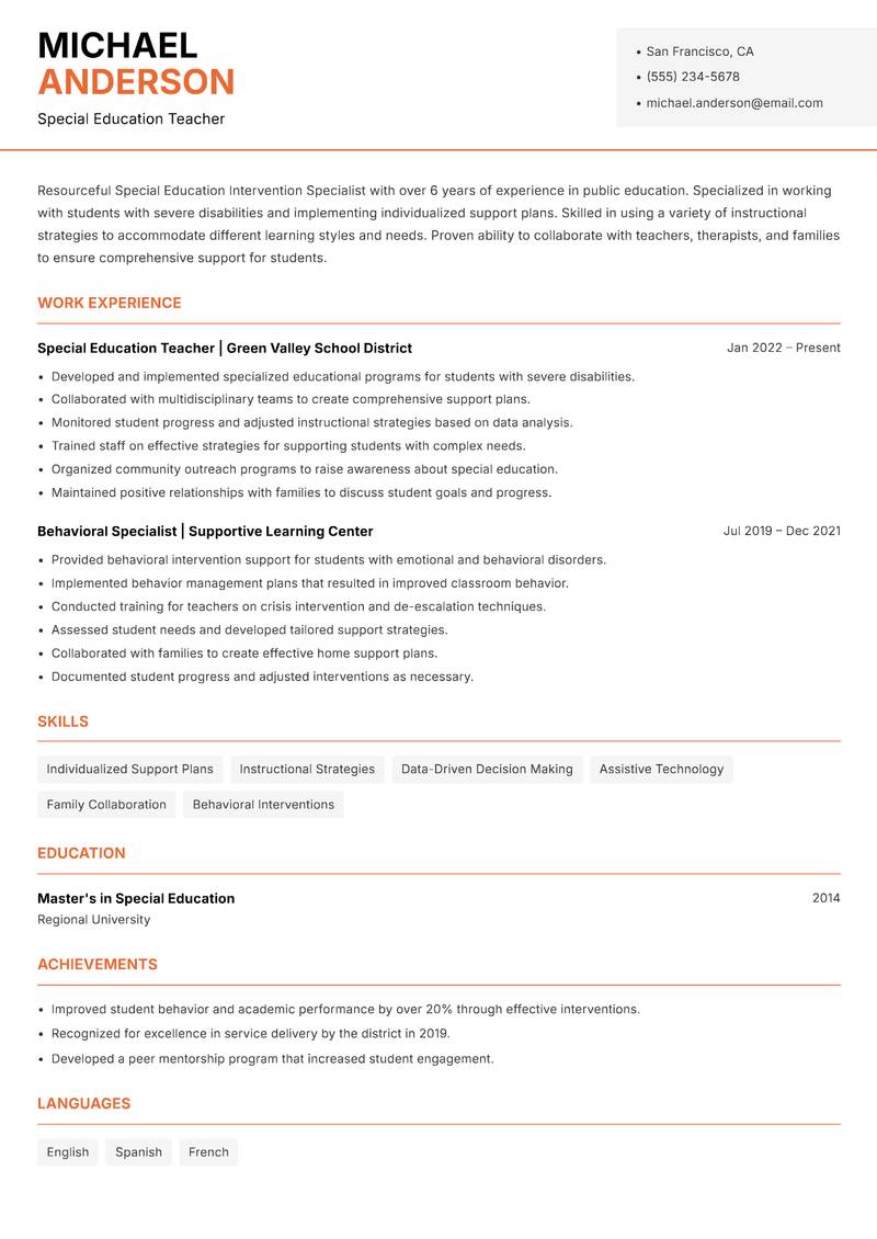 Special Education Intervention Specialist resume sample — Special Education Teacher focus