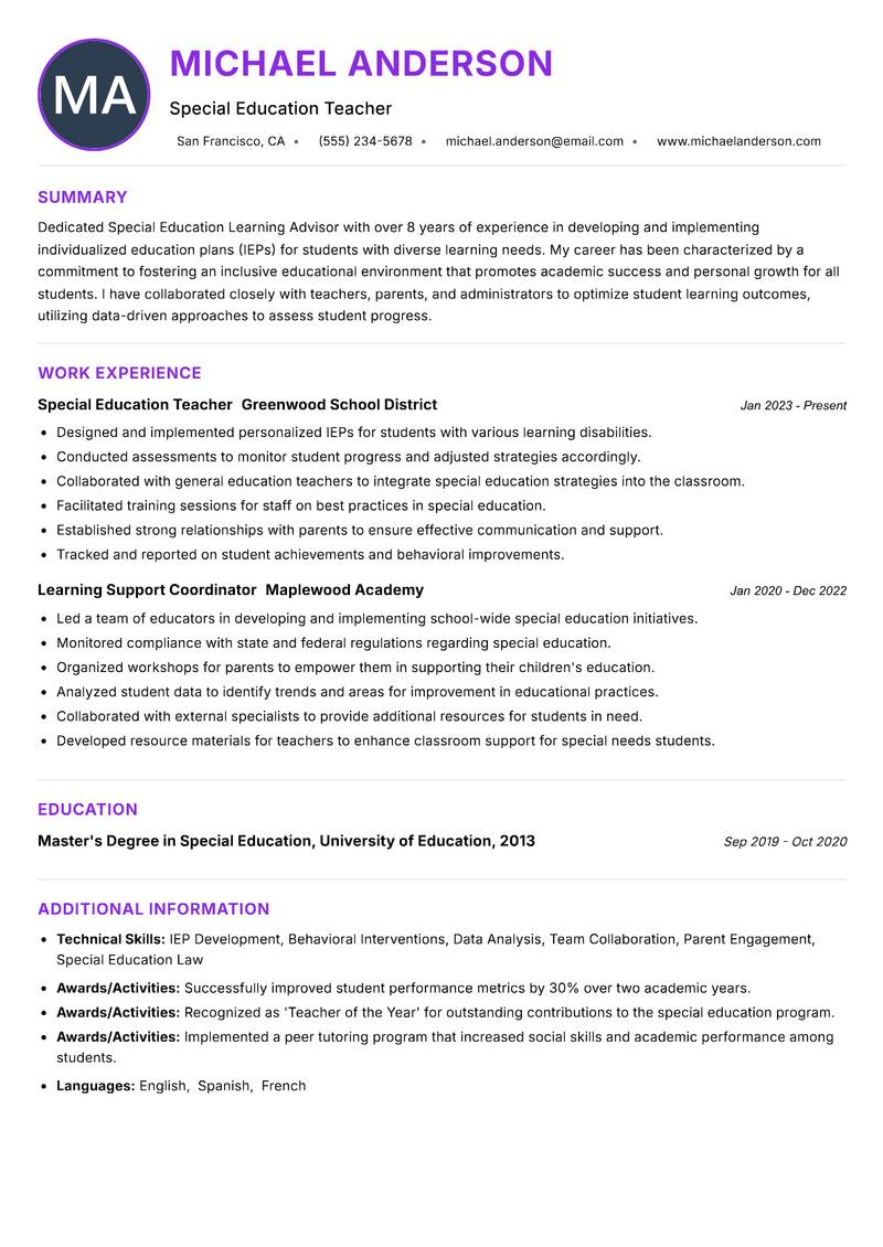 Special Education Learning Advisor resume example